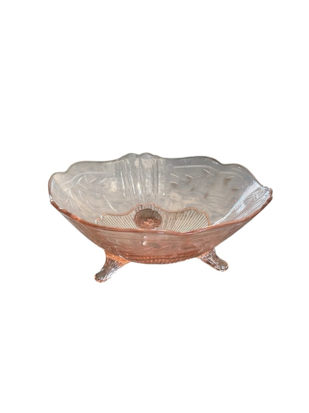 Vintage Pink Depression Glass Bowl, Footed Serving Dish Scalloped Edge